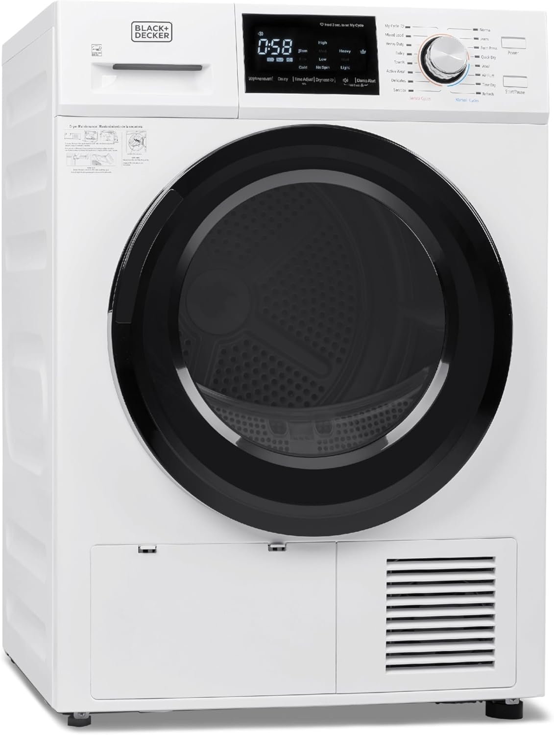 BLACK+DECKER 4.4 Cu. Ft. Electric Dryer with Heat Pump, 22 lb. Capacity , 240V Electric Clothes Dryer with 16 Cycles, Without Outside Exhaust, BDFH44M, White