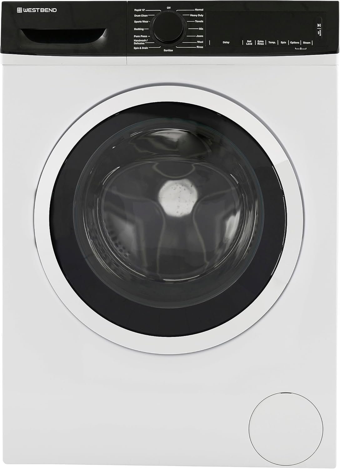 West Bend Washer Compact Front Load Washing Machine with 15 Wash Cycles, LED Display, See-Through Door, Stackable and Space-Saving Design, for Apartments, RVs, and Small Spaces, 2.2 Cu.Ft., White