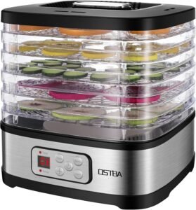 OSTBA Food Dehydrator Machine Adjustable Temperature & 72H Timer, 5-Tray Dehydrators for Food and Jerky, Fruit, Dog Treats, Herbs, Snacks, LED Display, 240W Electric Food Dryer, Recipe Book