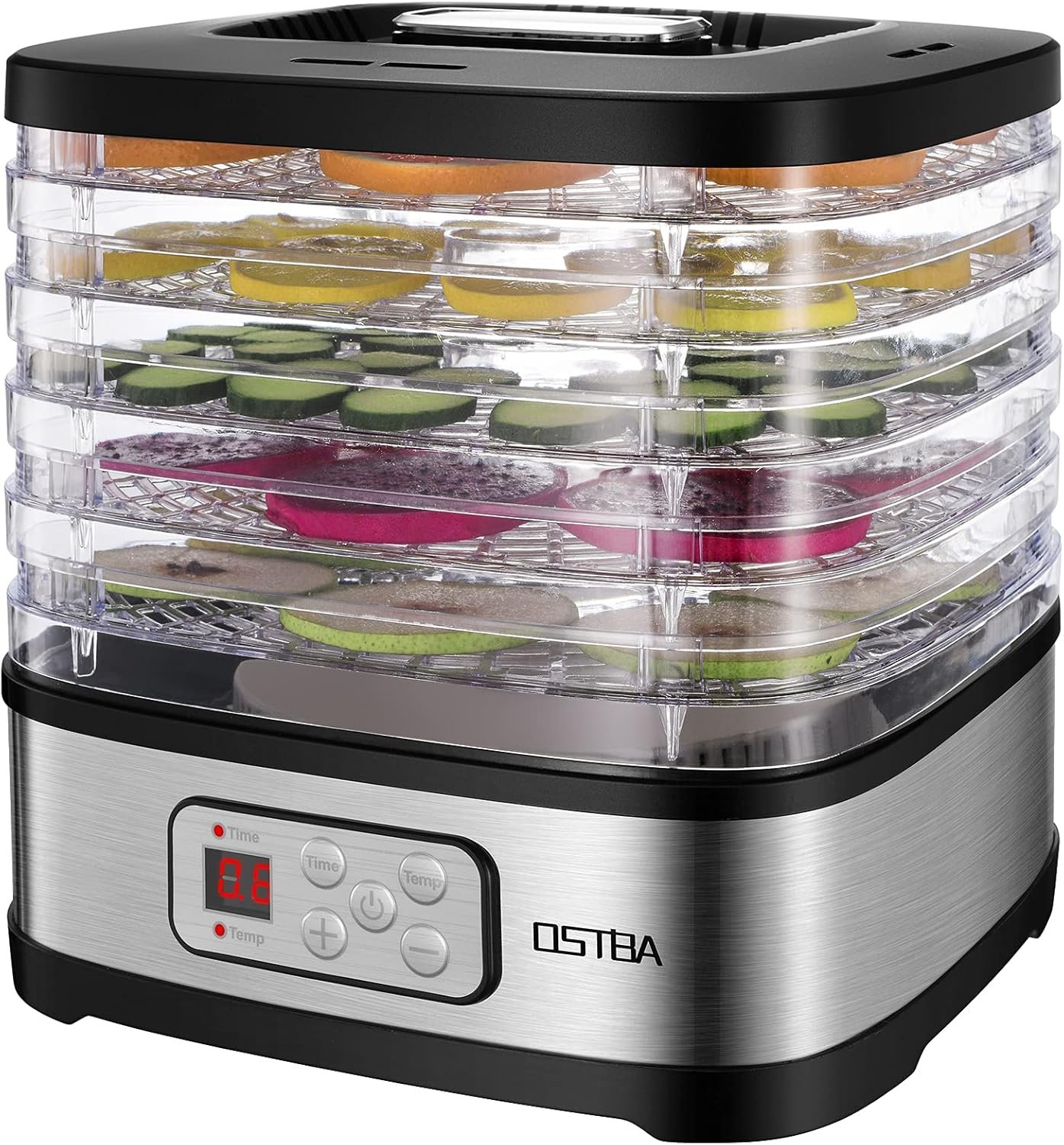 OSTBA Food Dehydrator Machine Adjustable Temperature & 72H Timer, 5-Tray Dehydrators for Food and Jerky, Fruit, Dog Treats, Herbs, Snacks, LED Display, 240W Electric Food Dryer, Recipe Book