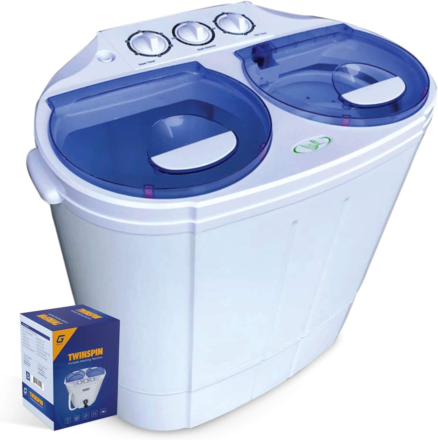 Garatic Portable Compact Mini Twin Tub Washing Machine w/Wash and Spin Cycle, Built-in Gravity Drain, 13lbs Capacity For Camping, Apartments, Dorms, College Rooms, RV’s, Delicates and more